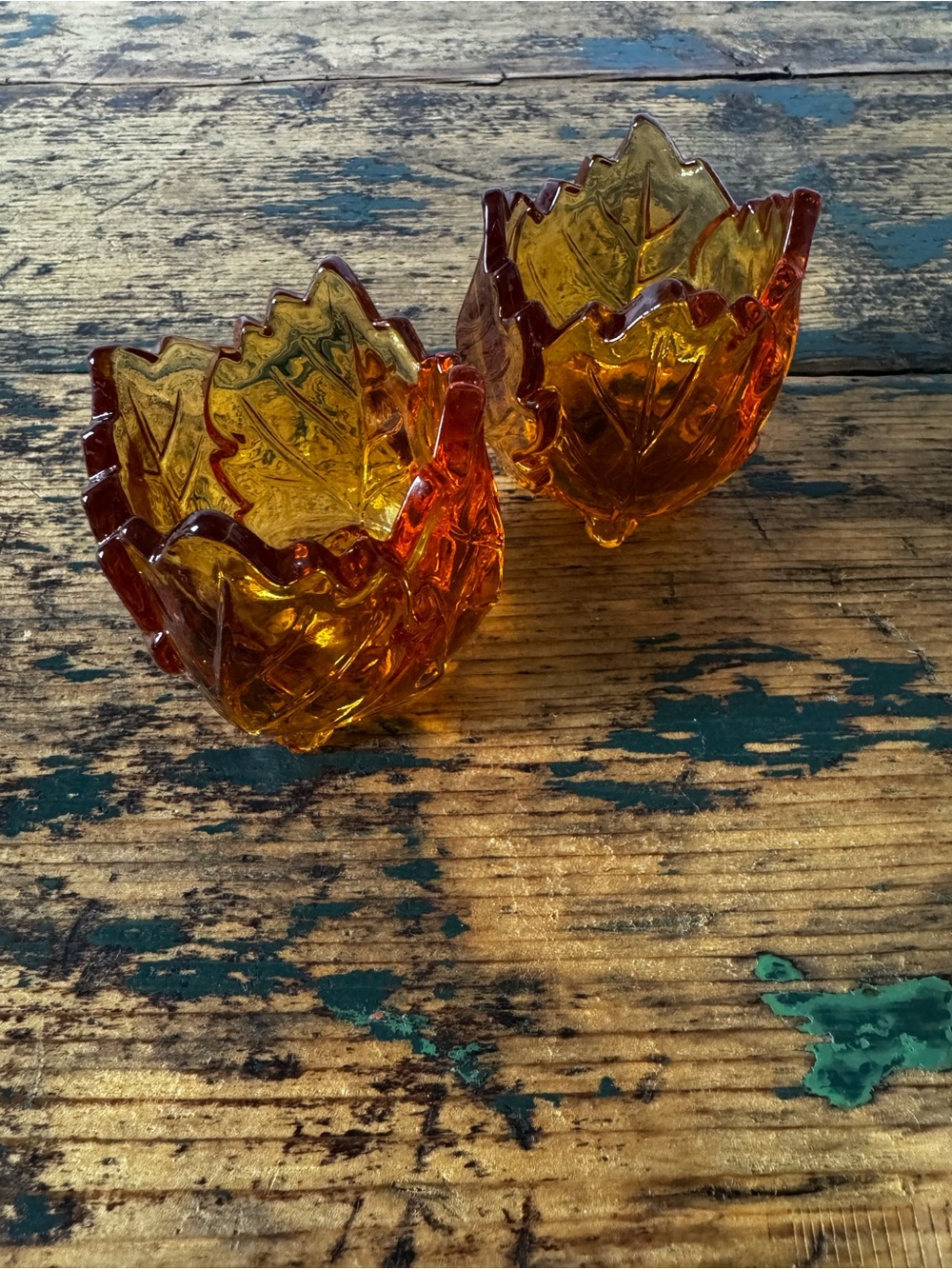 Amber Glass Leaf Candle Holders - Pair